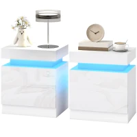 HOMCOM Nightstand Set of 2, End Side Tables with LED Lights, Bedside Tables with 2 Drawers, for Bedroom, White(m-2)