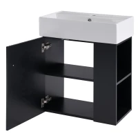 Modern Floating Bathroom Vanity with Ceramic Basin and Right Side Storage, Cabinet with Gold Handle, 21.5" L x 12" W x 26.5" H, Black+White(m-13)