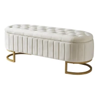 Upholstered Velvet Storage Ottoman Bench with Metal Legs, Button-Tufted Storage Bench with MDF Frame, 47'' L x 15.5'' W x 16.5'' H, Beige(m-8)