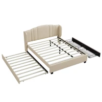 Upholstered Queen Platform Bed with Wingback Headboard and 2 Storage Drawers, Multi-Functional Bed Frame with Wood Slat, 86'' L x 65'' W x 43'' H, Beige(m-5)