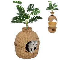 PawHut Hidden Cat Litter Box Enclosure with Faux Plant & Stainless Steel Tray for Bedroom, Living Room, Corner(m-11)