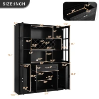 Tall Wine Cabinet with Wine Rack and Stemware Holder, 4-Door Storage Cabinet with Semi-Open Shelf, 52" L x 15.5" W x 74" H, Black(m-3)