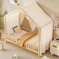 Twin House-Style Toddler Bed with Full Guardrails and DIY Canopy Frame, Montessori Floor Bed with Canopy, 78.5'' L x 41.5'' W x 78'' H, Natural(m-8)