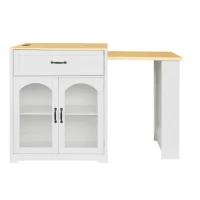 Practical Bar Table with Extendable Rolling Foldable Top, Solid Kitchen Island with Double-Sided Drawers, 82.5" L x 27.5" W x 38.5" H, White+Natural(m-2)