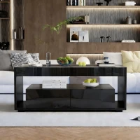 High-Gloss Coffee Table with App-Controlled RGB LED Strip, Spacious Center Table with Open Double-Layer Storage, 39.5" L x 19.5" W x 15.5" H, Black(m-7)