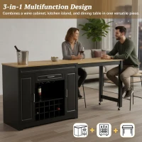 Expandable Bar Table with Adjustable Shelves and Rear Casters, Versatile Kitchen Counter with 2 Doors, 87.5″ L x 19.5″ W x 36″ H, Black+Natural(m-4)