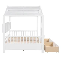 Full Size House Bed with Playful Pitched-Roof and Back Shelf, Wooden House Bed Frame with Sturdy Pine, 78'' L x 58'' W x 72'' H, White(m-14)