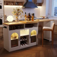 Multifunctional Bar Table with App-Controlled LED Lighting, Stylish Kitchen Island with Extendable Rolling Top, 47" L x 15.5" W x 36.5" H, White+Natural(m-1)