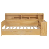 Wooden Full Size Daybed with Built-In Study Desk and 2 Storage Drawers, Space-Saving Guest Bed with Side Shelving, 91.5'' L x 65'' W x 45'' H, Natural(m-12)