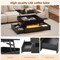 Lift-Top Coffee Table with App-Controlled LED Lighting and Liftable Top, Compact Center Table with 2 Drawers, 25.5" L x 25.5" W x 15" H, Black(m-5)