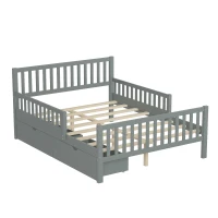 Full Size Wood Platform Bed with 2 Under-Bed Storage Drawers, Solid Bed Frame with Guardrails on Both Sides, 77.5'' L x 57.5'' W x 34.5'' H, Grey(m-11)