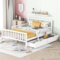 Full Size Wood Platform Bed with 2 Under-Bed Storage Drawers, Solid Bed Frame with Guardrails on Both Sides, 77.5'' L x 57.5'' W x 34.5'' H, White(m-4)