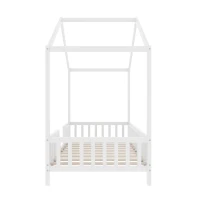 Twin House-Shaped Toddler Bed with 4 High Guard Railings & Roof Frame, Montessori Floor Bed with Canopy, 78.5'' L x 41.5'' W x 78'' H, White(m-12)