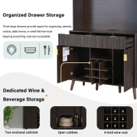 High Bar Cabinet with Smart LED Lighting (App & Music-Sync), Spacious Storage Cabinet with 9-Bottle Wine Rack, 42" L x 12" W x 72" H, Walnut(m-5)