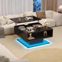 Hydraulic Lift Coffee Table with App-Controlled LED Lighting, Versatile Center Table with Hidden Storage, 29.5" L x 31.5" W x 21" H, Black(m-1)