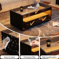 High-Gloss Coffee Table with App-Controlled RGB LED Strip, Spacious Center Table with Open Double-Layer Storage, 39.5" L x 19.5" W x 15.5" H, Black(m-4)