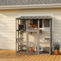PawHut Catio Outdoor Cat Enclosure, Window Box Wooden Cat House with Bridge Platforms, Gray(m-2)