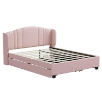 Upholstered Platform Bed with Wingback Headboard and Twin Trundle, Queen Size Bed Frame with Wooden Slat System, 86'' L x 65'' W x 43'' H, Pink(m-5)