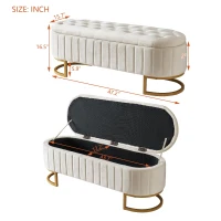 Upholstered Velvet Storage Ottoman Bench with Metal Legs, Button-Tufted Storage Bench with MDF Frame, 47'' L x 15.5'' W x 16.5'' H, Beige(m-3)