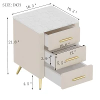 Upholstered Nightstand with 3 Drawers, Marble-Effect Top and Metal Legs, Beige Beside Table with Plywood Frame, 16.5'' L x 16.5'' W x 22'' H, Beige(m-3)