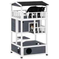 PawHut Wooden Outdoor Cat House, Feral Cat Shelter Kitten Condo with Asphalt Roof, Escape Doors, Condo, Jumping Platform, Gray(m-1)