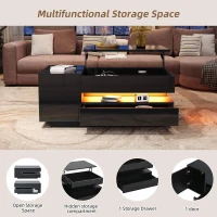 Height-Adjustable Coffee Table with App-Controlled RGB LED Lighting, Modern Center Table with Hidden Storage, 37.5" L x 19.5" W x 15.5" H, Black(m-5)