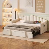 Upholstered Twin Size Daybed with Height-Adjustable Pop-Up Trundle, Lift-Up Trundle Bed with Type-C Charging Port, 82.5'' L x 41'' W x 40'' H, Beige(m-1)