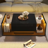 High-Gloss Coffee Table with Tempered Glass Storage, Compact Center Table with Semi-Open Shelf, 39.5″ L x 19.5″ W x 12″ H, Black(m-8)