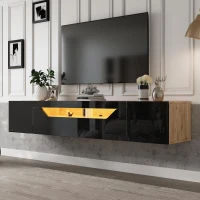 Wall-Mounted TV Cabinet with High-Gloss Front, 3-Tier Storage TV Stand with Fold-Down Flap Door, 65" L x 14.5" W x 14" H, Black+Natural(m-1)