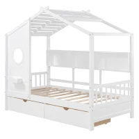 Kids Twin Size House Bed with 2 Storage Drawers and Rear Shelf, House-Style Kids Bed Frame with Plywood and MDF, 78'' L x 42.5'' W x 72'' H, White(m-11)