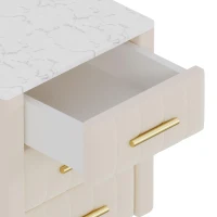 Upholstered Nightstand with 3 Drawers, Marble-Effect Top and Metal Legs, Beige Beside Table with Plywood Frame, 16.5'' L x 16.5'' W x 22'' H, Beige(m-7)