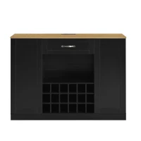 Modern Wine Bar Cabinet with Built-In Power Outlet, Versatile Sideboard with Adjustable Shelves, 47" L x 15.5" W x 34" H, Black+Natural(m-2)