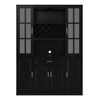Tall Wine Cabinet with Wine Rack and Stemware Holder, 4-Door Storage Cabinet with Semi-Open Shelf, 52" L x 15.5" W x 74" H, Black(m-2)