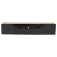 Wall-Mounted TV Cabinet with High-Gloss Front, 3-Tier Storage TV Stand with Fold-Down Flap Door, 65" L x 14.5" W x 14" H, Black+Natural(m-2)