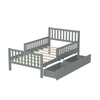 Twin Wood Platform Bed with 8 Slats & 2 Large Under-Bed Drawers, Solid Bed Frame for Children’s Rooms, 77.5'' L x 42'' W x 34.5'' H, Grey(m-9)