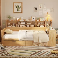 Wooden Full Size Daybed with Built-In Study Desk and 2 Storage Drawers, Space-Saving Guest Bed with Side Shelving, 91.5'' L x 65'' W x 45'' H, Natural(m-1)