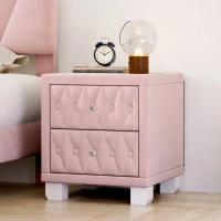Elegant Velvet Nightstand with 2 Drawers and Crystal Handles, Soft Pink Beside Table with MDF and Storage Table, 18'' L x 18'' W x 20'' H, Pink(m-5)