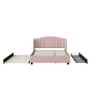 Upholstered Platform Bed with Wingback Headboard and Twin Trundle, Queen Size Bed Frame with Wooden Slat System, 86'' L x 65'' W x 43'' H, Pink(m-6)