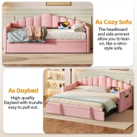 Twin-Size Upholstered Daybed with Height-Adjustable Pop-Up Trundle, Space-Saving Trundle Bed with 2 Side Pockets, 82.5'' L x 41'' W x 40'' H, Pink(m-5)