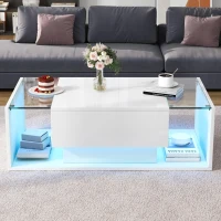 High-Gloss Coffee Table with Tempered Glass Storage, Compact Center Table with Semi-Open Shelf, 39.5″ L x 19.5″ W x 12″ H, White(m-8)