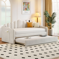 Twin Upholstered Daybed with Trundle and 2 USB Charging Ports, Velvet Sofa Bed with Side Storage Pockets, 80'' L x 42'' W x 40'' H, Beige
