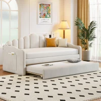 Twin Upholstered Daybed with Trundle and 2 USB Charging Ports, Velvet Sofa Bed with Side Storage Pockets, 80'' L x 42'' W x 40'' H, Beige(m-1)