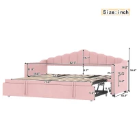 Twin-Size Upholstered Daybed with Height-Adjustable Pop-Up Trundle, Space-Saving Trundle Bed with 2 Side Pockets, 82.5'' L x 41'' W x 40'' H, Pink(m-3)