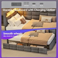 Upholstered Twin Daybed with 2 Drawers and Built-In Charging Station, Multi-Functional Guest Bed with Storage Headboard, 77.5'' L x 39'' W x 35'' H, Gray(m-5)