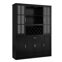 Tall Wine Cabinet with Wine Rack and Stemware Holder, 4-Door Storage Cabinet with Semi-Open Shelf, 52" L x 15.5" W x 74" H, Black(m-15)