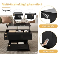360° Rotating Lift-Top Coffee Table with Height-Adjustable Square Top, Modern Center Table with Hidden Storage, 27.5" L x 27.5" W x 17.5" H, Black(m-5)
