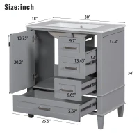 Modern Bathroom Vanity with Sink Combo, Solid Wood Frame, Ample Storage Cabinet with Soft-Close Door, 30" L x 18" W x 34" H, Grey(m-3)