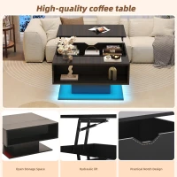 Hydraulic Lift Coffee Table with App-Controlled LED Lighting, Versatile Center Table with Hidden Storage, 29.5" L x 31.5" W x 21" H, Black(m-6)