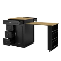 Stylish Mobile Bar Table with Extendable Countertop, Spacious Kitchen Counter with Storage Shelf, 73″ L x 27.5″ W x 41.5″ H, Black+Natural(m-15)