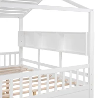 Full Size House Bed with Playful Pitched-Roof and Back Shelf, Wooden House Bed Frame with Sturdy Pine, 78'' L x 58'' W x 72'' H, White(m-8)